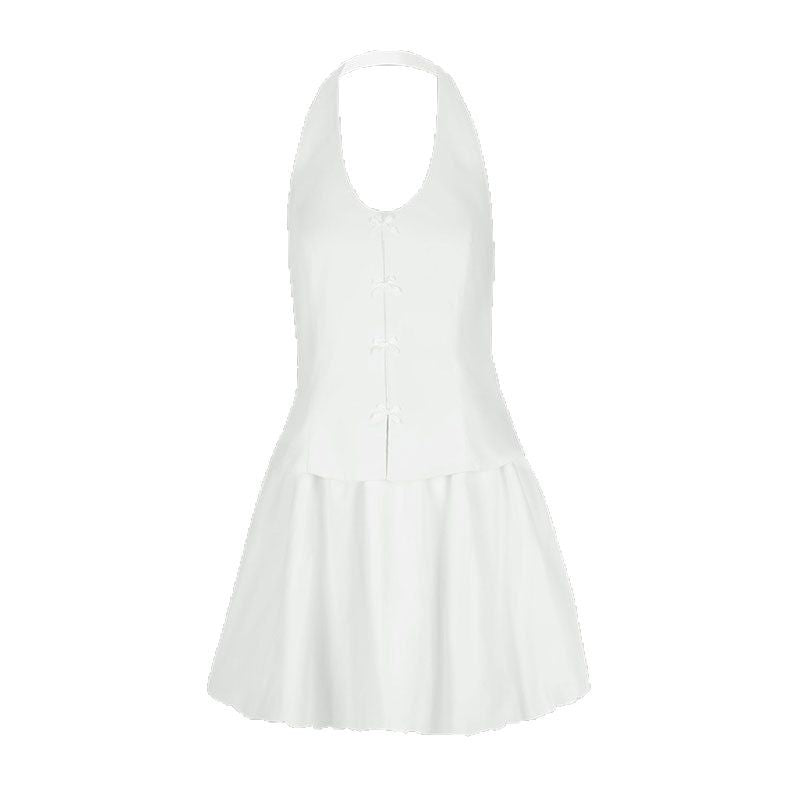 Damen Neckholder Kleid mit verspieltem Saum und raffinierten Knöpfen EB