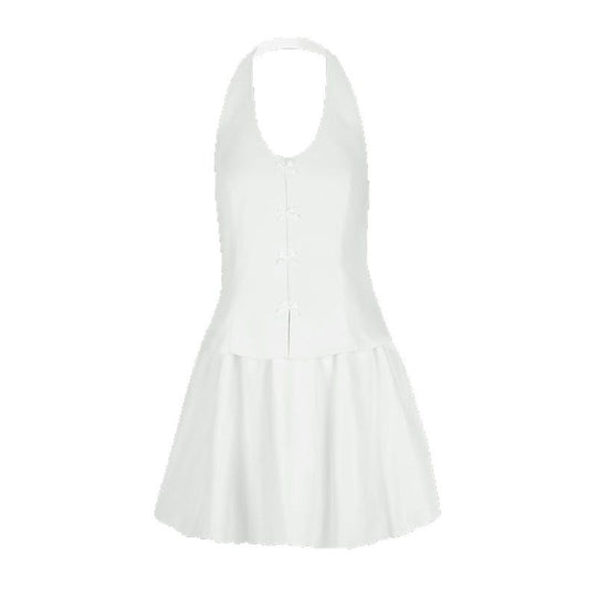 Damen Neckholder Kleid mit verspieltem Saum und raffinierten Knöpfen EB