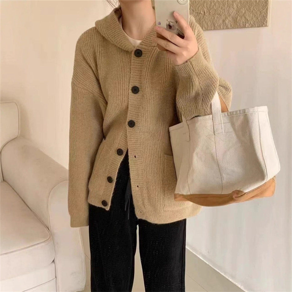Damen kuschelige Strickjacke mit Kapuze und großen Taschen EB