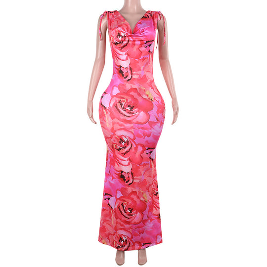 Damen figurbetontes Maxikleid mit floralem Design und elegantem Cowl-Ausschnitt EB