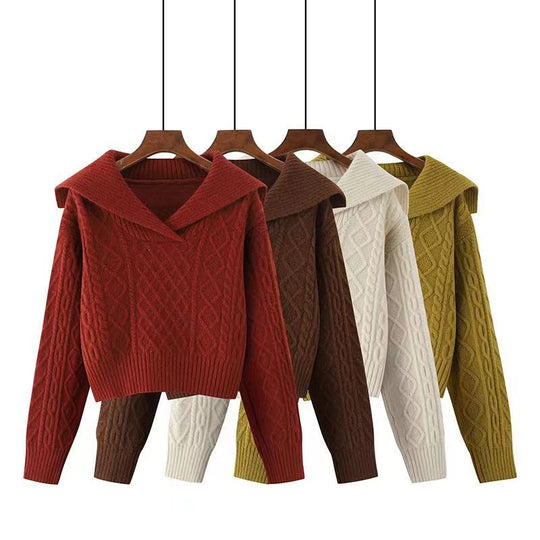 Damen Strickpullover mit weitem Kragen und raffiniertem Zopfmuster EB