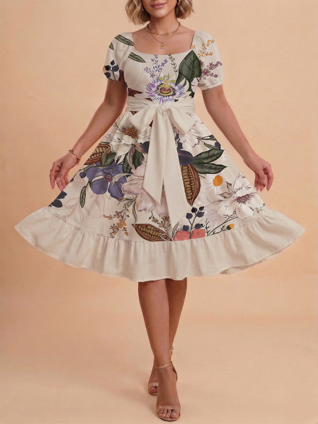 Damen Sommerliches Blumenkleid mit taillierbarem Gürtel und voluminösen Ärmeln EB