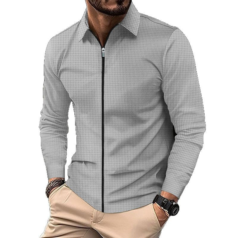 Herren nan feinstrukturiertes Langarm-Zipshirt mit Kentkragen und Waffelstruktur EB