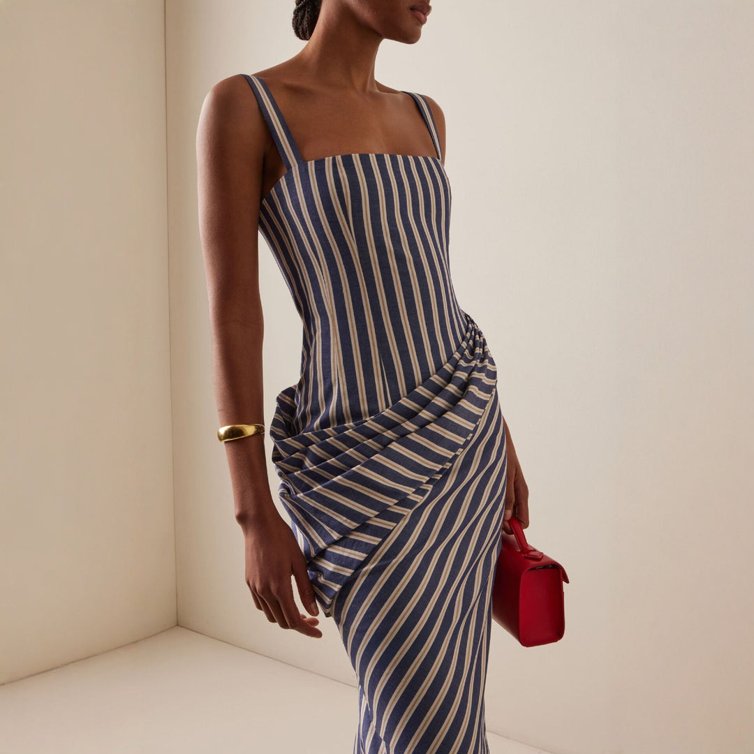 Damen Maxikleid mit asymmetrischen Drapierungen und hohem Schlitz EB