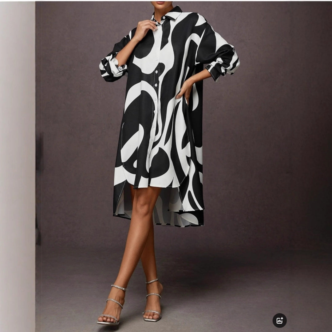 Damen Hemdblusenkleid mit modernem Grafikdruck und asymmetrischem Schnitt EB