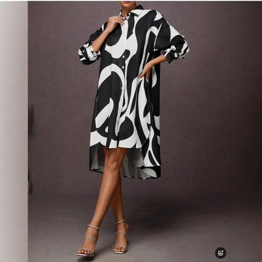 Damen Hemdblusenkleid mit modernem Grafikdruck und asymmetrischem Schnitt EB