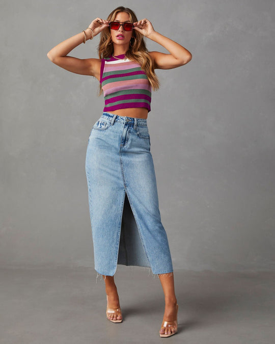 Damen Hoch geschnittene Denim-Midirock mit seitlichem Schlitz und fransigen Säumen EB