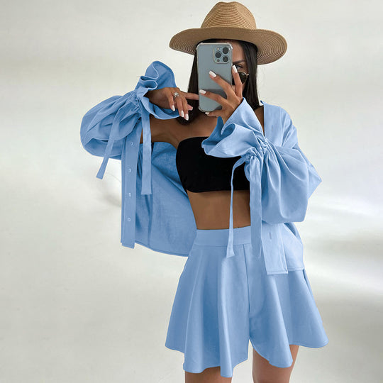 Damen Modisches Freizeit-Outfit mit ballongeschlossenen Ärmeln und Wickelrock EB
