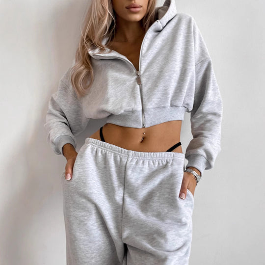 Damen Zweiteiliges Cropped-Zip-Hoodie Set mit taillenhoher Relax-Jogginghose und elastischem Bund EB