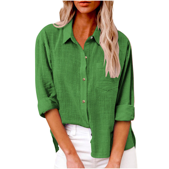 Damen nan oversized Leinen-Baumwollmix Hemdbluse mit Brusttasche und krempelbaren Ärmeln EB