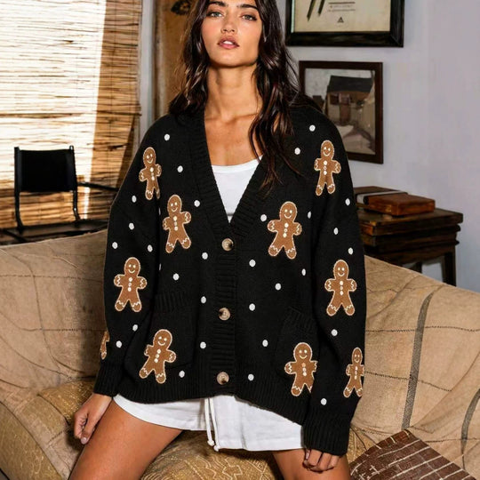 Damen nan oversized Strickcardigan mit Lebkuchenstickerei und tiefem V-Ausschnitt EB