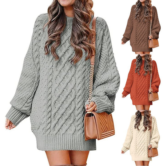 Damen Grobstrickpullover mit voluminösen Ärmeln und elegantem Zopfmuster EB