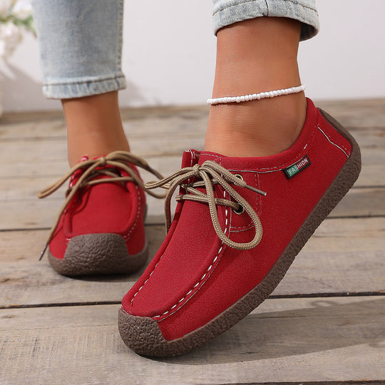 Damen  lässige Mokassin-Slipper aus Veloursimitat mit dekorativer Ziernaht, elastischer Schnürung und flexibler Gummisohle EB
