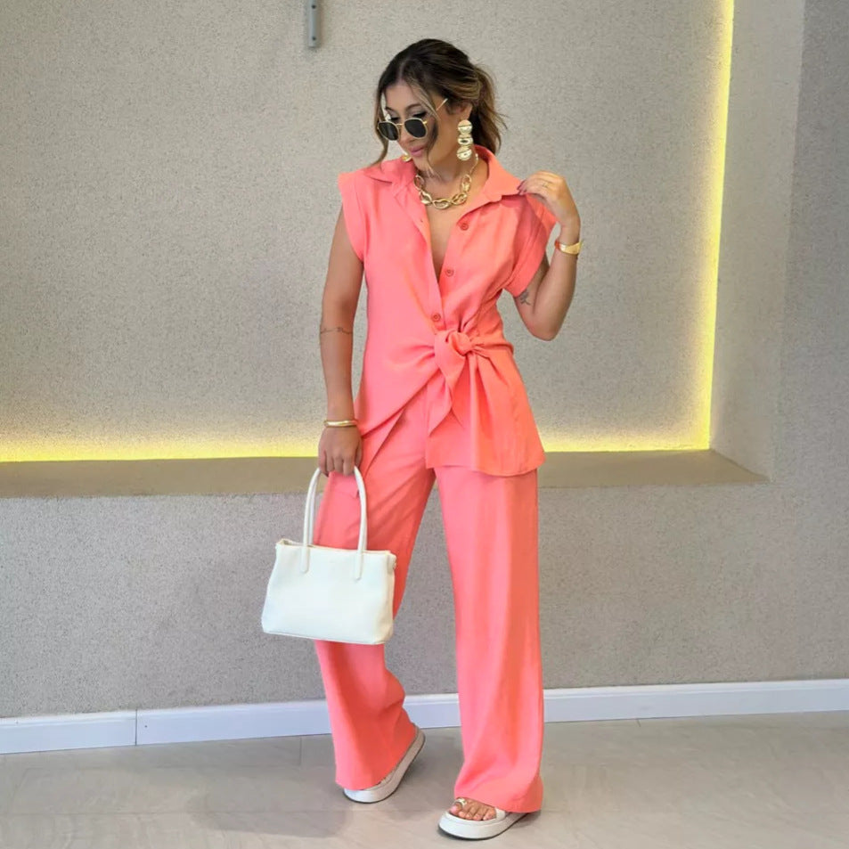 Damen lässiges Oversized-Hemd mit Bindegürtel und weiten Hosen EB