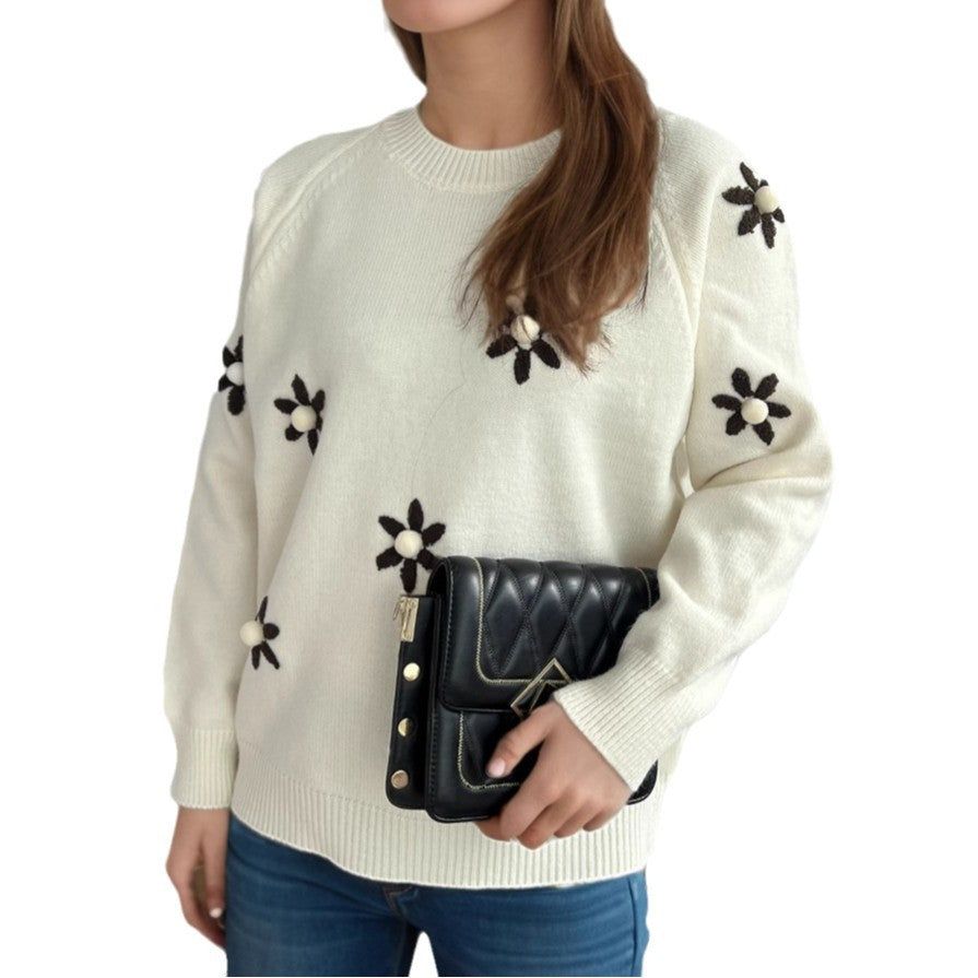 Damen Strickpullover mit floralen Applikationen und lässigem Schnitt EB