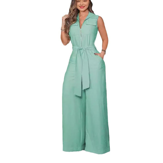 Damen Luftiger Jumpsuit mit Gürtel und Taschen EB