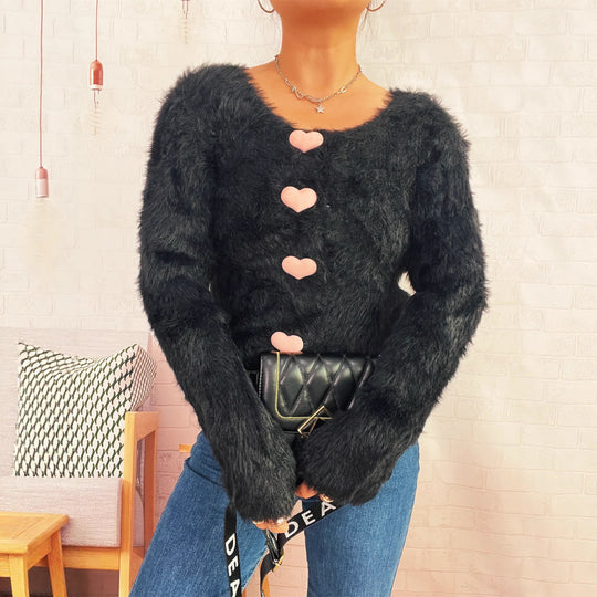 Damen Kuscheliger Strickpullover mit Herzknöpfen EB