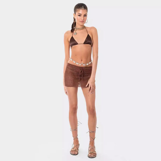 Damen gehäkeltes Strand-Outfit mit verstellbarem Oberteil und Shorts EB
