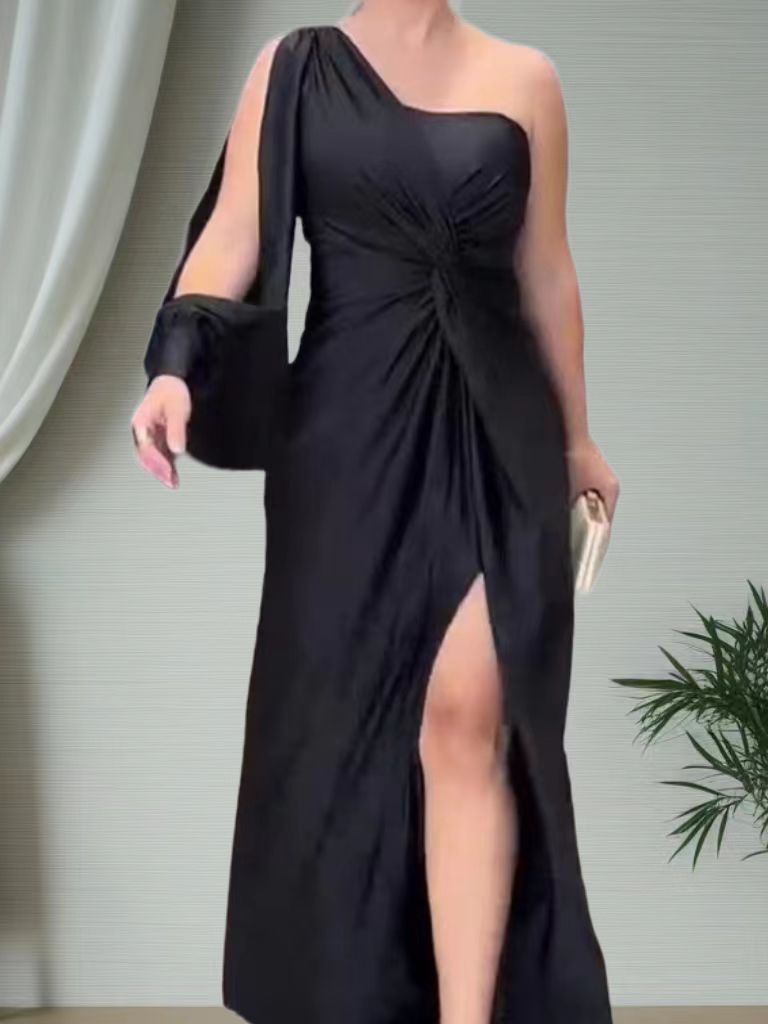 Damen Elegantes Wickelkleid mit asymmetrischem Ausschnitt und seitlichem Schlitz EB