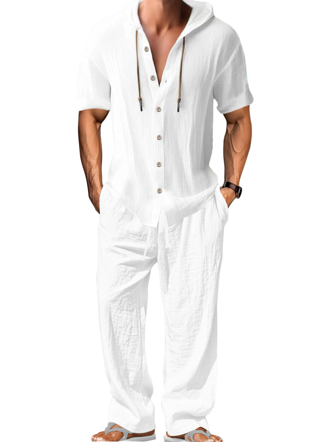 Herren nan luftiges Leinen-Lounge-Set mit kurzärmeligem Kapuzenhemd und gerader Relaxhose EB