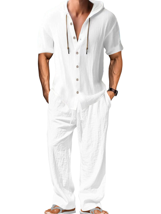 Herren nan luftiges Leinen-Lounge-Set mit kurzärmeligem Kapuzenhemd und gerader Relaxhose EB