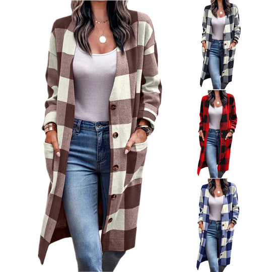 Damen Langarmcardigan mit modernem Karomuster und praktischen Taschen EB