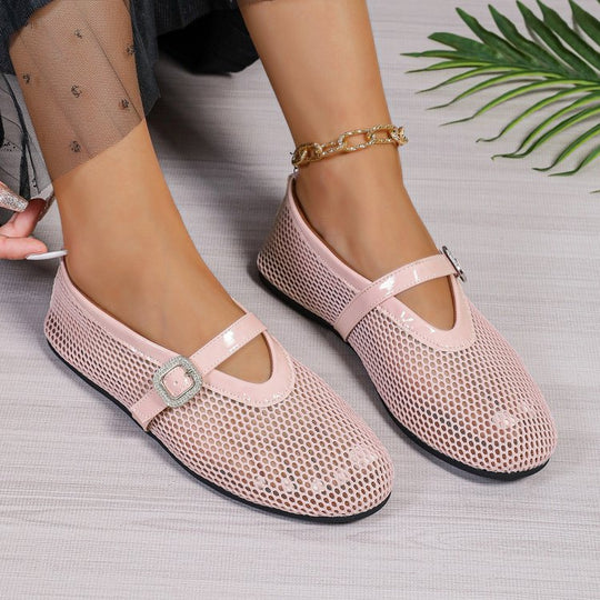 Damen atmungsaktive Ballerinas mit modischem Lochmuster und komfortablem Riemen EB