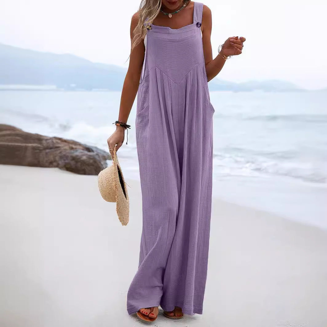 Damen luftiger Jumpsuit mit praktischen Taschen und verstellbaren Trägern EB