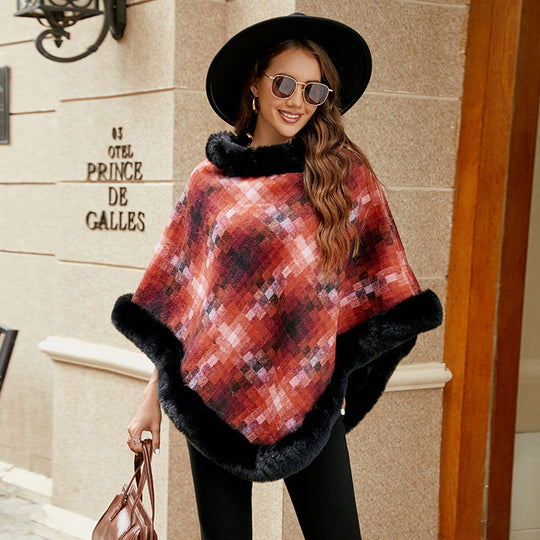 Damen modischer Poncho mit luxuriösem Kunstpelzkragen EB