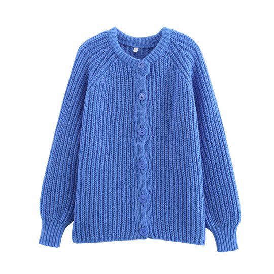 Damen nan grob gestrickte Raglan-Cardigan mit Ballonärmeln und durchgehender Knopfleiste EB