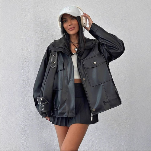 Damen lässige Oversized-Jacke mit großen Taschen EB