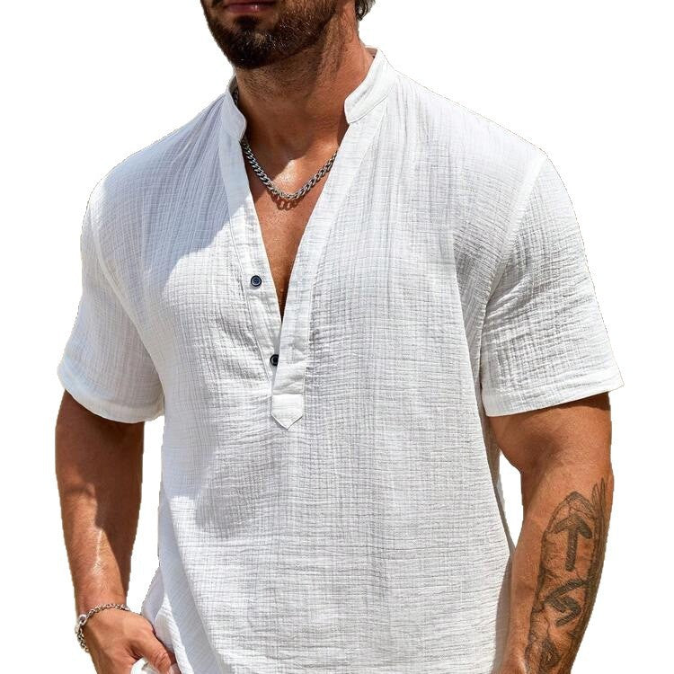 Herren Kurzarm Henley Hemd mit modernem Stehkragen aus leichtem Baumwollmaterial EB