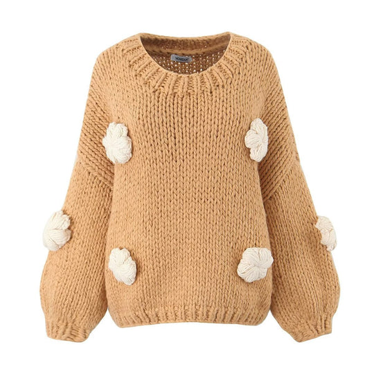 Damen gepunkteter Strickpullover mit voluminösen Ärmeln und floralem Design EB