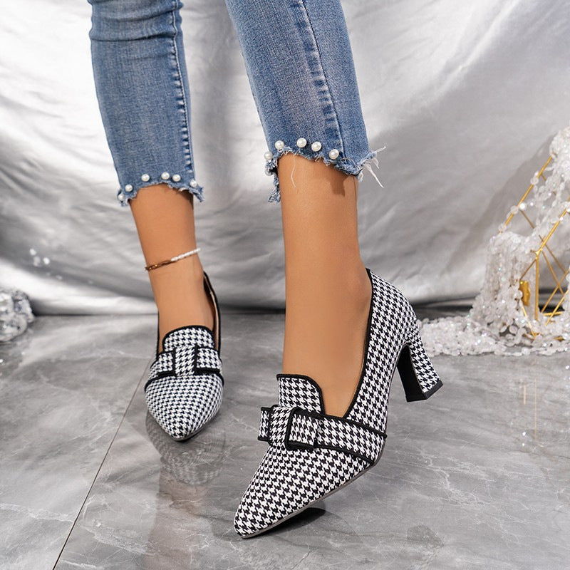 Damen elegante Pumps mit ausgefallenem Karomuster und modischem Schleifendesign EB