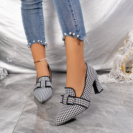 Damen elegante Pumps mit ausgefallenem Karomuster und modischem Schleifendesign EB