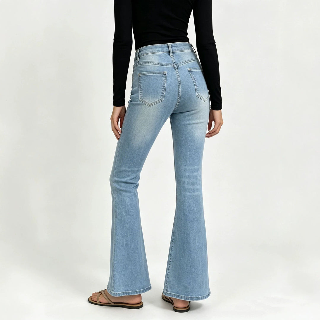 Damen nan hochgeschnittene Jeans mit schmaler Hüftpartie und weitem Schlag mit elastischem Bund EB