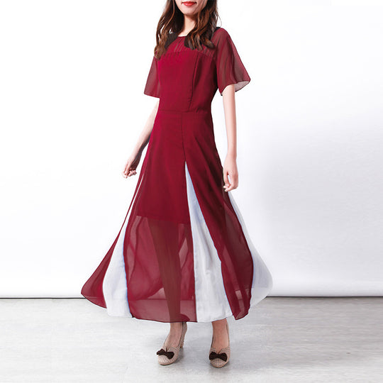 Damen Maxi-Langarmkleid mit transparenten Ärmeln und seitlichem Schlitz EB
