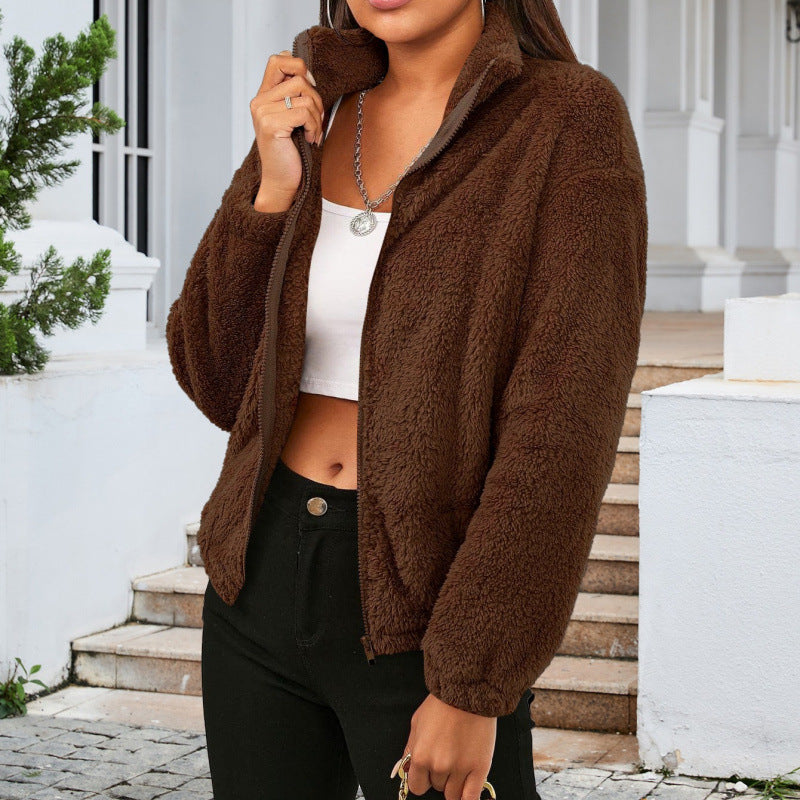 Damen Kuschelige Fleecejacke mit hohem Kragen und Reißverschluss EB