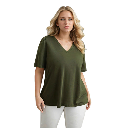 Damen Lässiges V-Ausschnitt T-Shirt mit Seitentaschen und weichem Material EB