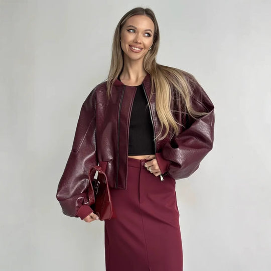 Damen trendige cropped Kunstlederjacke mit voluminösen Ärmeln EB