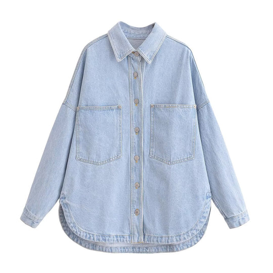 Damen nan oversized Jeanshemd mit aufgesetzten Brusttaschen, leichter Baumwoll-Denim und abgerundetem Saum EB