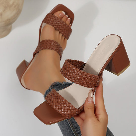 Damen Riemchen-Sandalen mit geflochtenem Riemendesign und bequemem Blockabsatz EB
