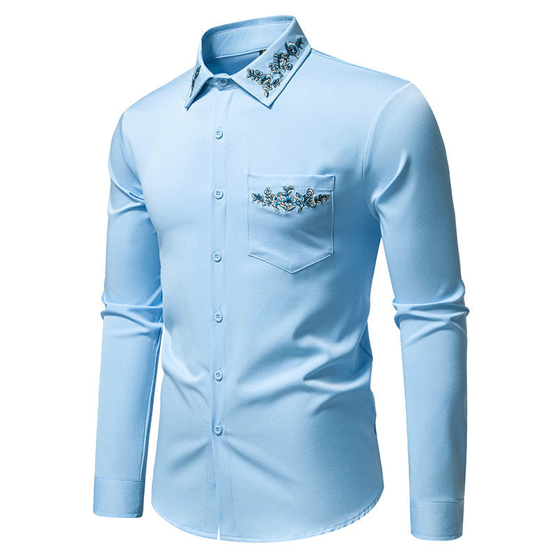 Herren Langarmhemd mit eleganter Blumenstickerei und modernem Kragen EB