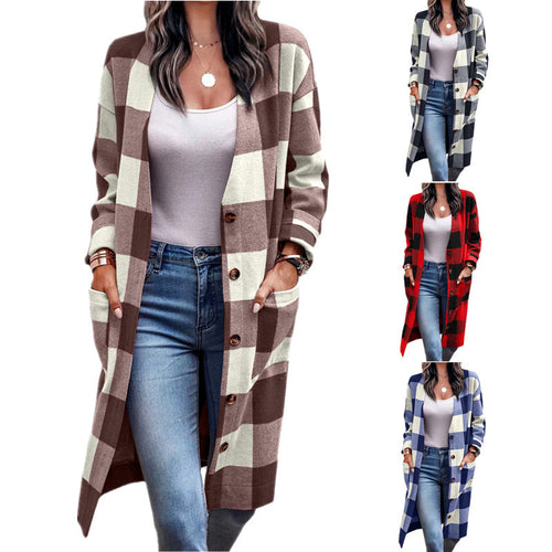 Damen Checkered Cardigan im lässigen Oversized-Stil mit praktischen Taschen EB