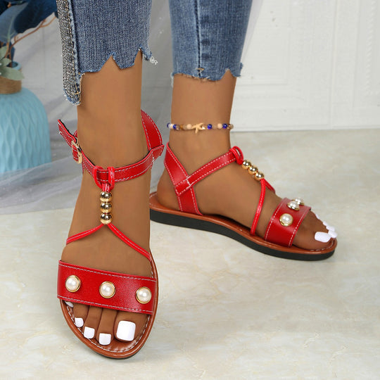Damen Sandalen mit modischen Perlenapplikationen und verstellbarem Riemendesign EB