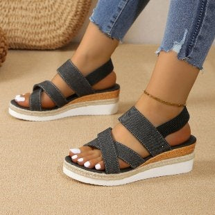 Damen Wedge-Sandalen mit elastischen Riemen und komfortablem Fußbett EB