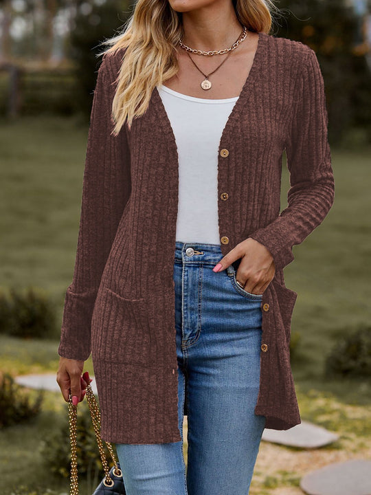 Damen nan langer gerippter Strickcardigan mit Eingrifftaschen und Holzknöpfen EB