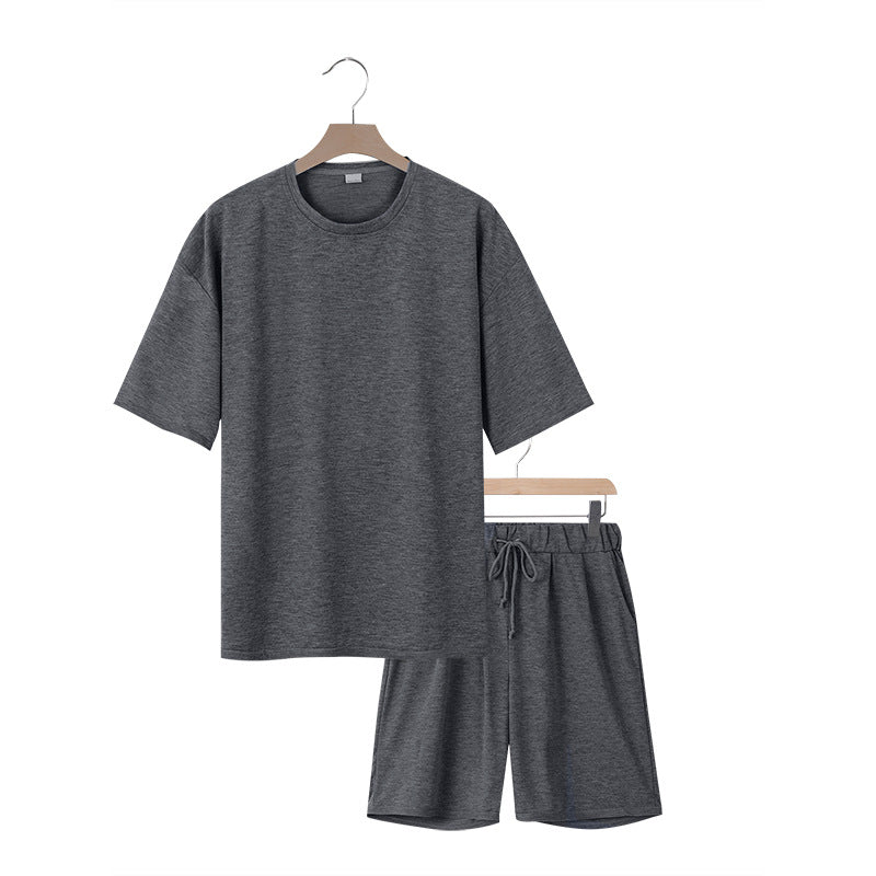 Herren nan entspannter Jersey-Set mit verlängertem Rundhals-T-Shirt und elastischen Kordelzug-Shorts EB