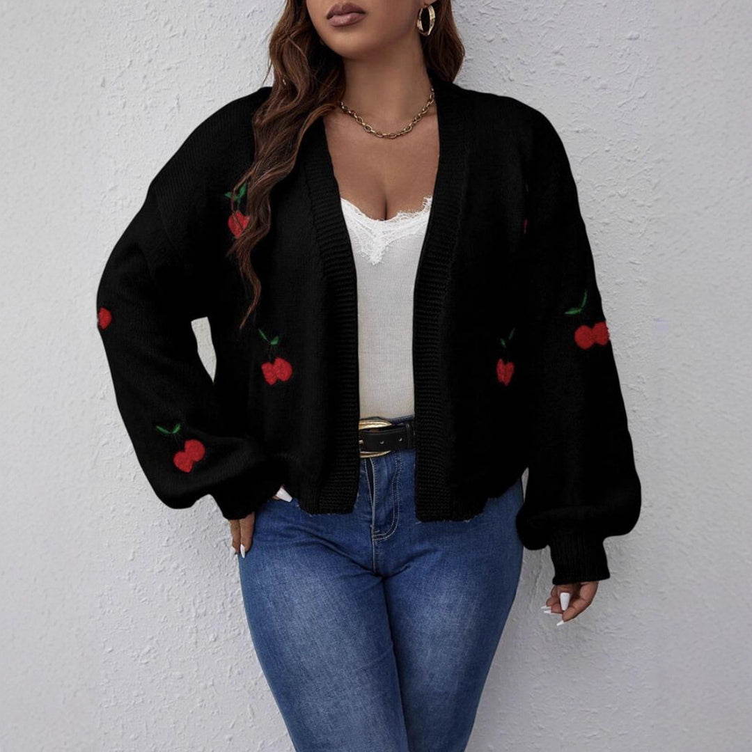 Damen Kurzgeschnittener Oversize-Cardigan mit Kirsch-Stickerei EB