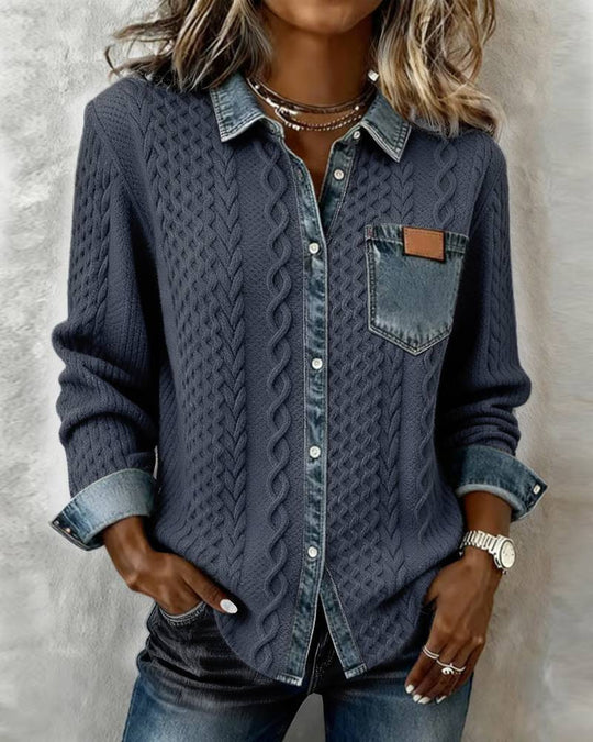 Damen nan geflochtener Strickpullover mit integriertem Jeanskragen und Brusttasche EB